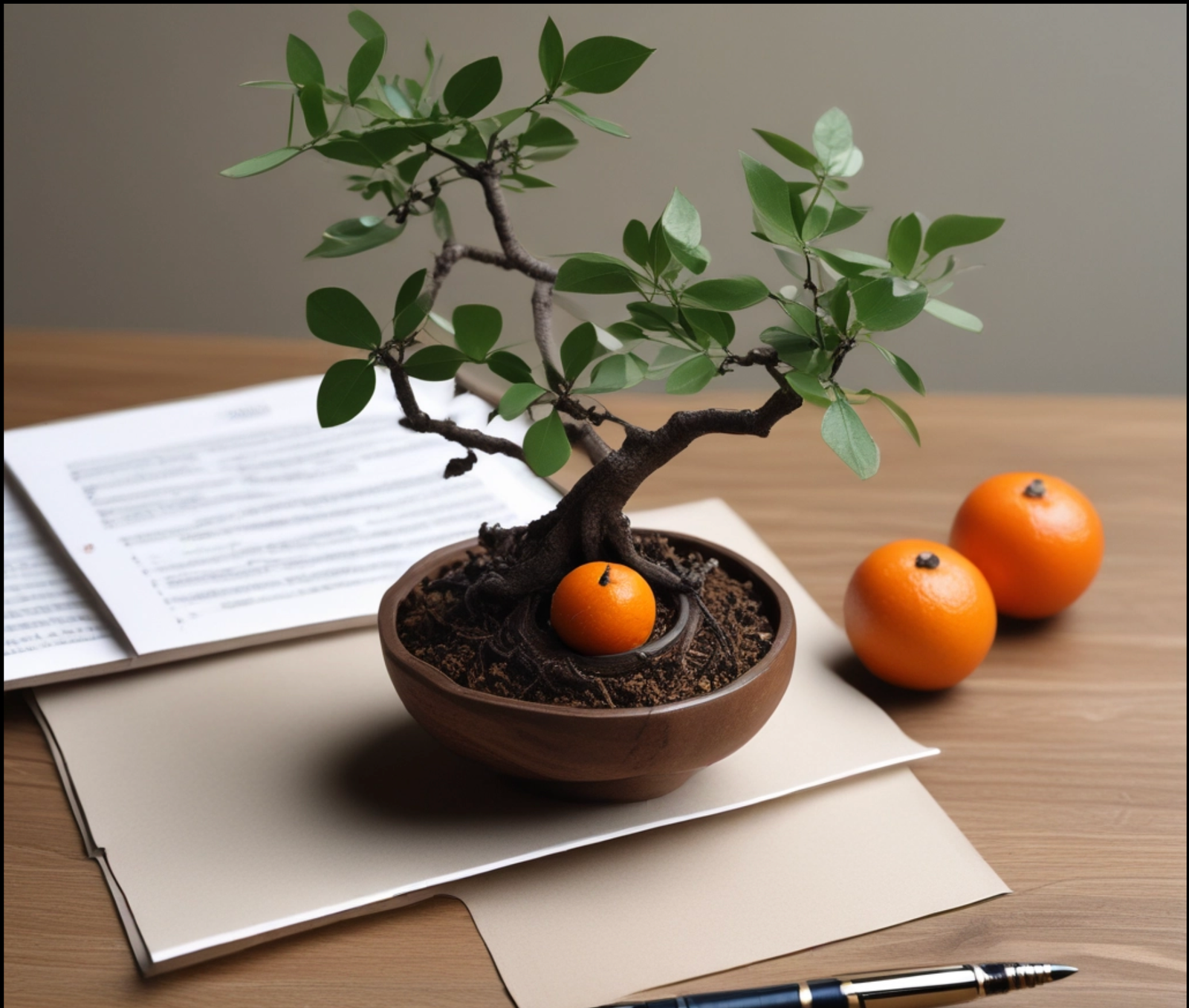 Bonsái, naranjas y documentos como imagen simbólica de lectura de I Ching